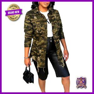 Ripped Camo Jacket Oversized Distressed Fringe Hem Long Sleeve Casual Streetwear